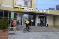 Contemporary McDonald`s Restaurant Exterior.McDonald`s fast food restaurant - window with logo