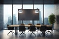 Contemporary meeting room interior with empty mock up place on wall, furniture and window with city view Royalty Free Stock Photo
