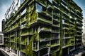 In a contemporary metropolis, an eco-friendly building has a vertical garden