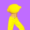 Contemporary minimal art collage. Funny Lemon Girl. Diet, calories, vegan concept