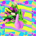 Contemporary minimal art collage. Hand and bouquet of tulips. Congratulations, international women`s day concept