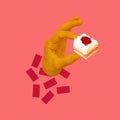 Contemporary minimal art collage Hand holds cake. Calories, diet, food concept