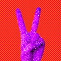 Contemporary minimal art collage. Surreal abstraction cosmic hand victory gesture on geometry background