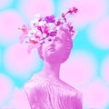 Contemporary minimal collage art. Antique statue and flowers spring vibes. Retro Zine stylish design