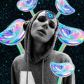 Contemporary minimal collage art. Psychedelic Girl, Hallucination, drugs concept. Mushroom microdosing trends