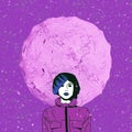 Contemporary minimal collage art. Sketch cosmic astronaut girl in creative purple space. Pop zine culture