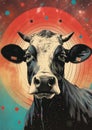 Contemporary minimal collage art. Sketch cosmic cow in creative space. Royalty Free Stock Photo