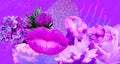 Contemporary minimal collage banner art. Lips in purple abstraction. Cosmetics, lipstick concept