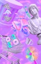 Contemporary minimal collage kit wallpaper. Antique statue in digital chaos holography space. Back in 80, 90s party, pizza, food