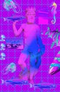 Contemporary minimal collage kit wallpaper. Antique statue Poseidon in purple digital sea space. Back in 80, 90s party vibes. Royalty Free Stock Photo