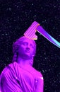 Contemporary minimal collage wallpaper. Antique statue and ax in space. Back in 80, 90s party style. Retro Zine and vapor wave