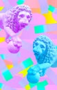Contemporary minimal collage wallpaper. Antique statue lion in digital geometry space. Back in 80, 90s party. Retro Zine and vapor