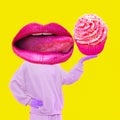Contemporary minimal pop surrealism collage. Funny Lips character holding yummy cake. Calories, diet, sweet food addictions