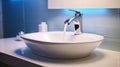 Contemporary Minimalism in a Modern Bathroom Sink with Blue Backlit Mirror and White Ceramic Washbasin. Generative AI Royalty Free Stock Photo