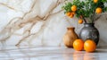 Contemporary minimalist kitchen white quartz countertop, potted plant, oranges, copy space