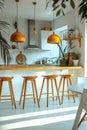 Contemporary minimalist kitchen with wooden accents and modern lighting Royalty Free Stock Photo