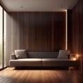 Contemporary minimalist sofa in front of empty wall paneled dark wood wall. Royalty Free Stock Photo