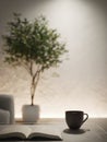 Contemporary minimalist studio flat interior with coffee and open book Royalty Free Stock Photo