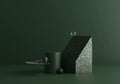 contemporary modern abstract composition in dark green tones with golden terrazzo and glass. trendy 3d render background