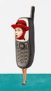 Contemporary modern artcollage about strange woman and retro mobile phone. Female stick out from gadget screen. Vintage