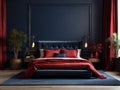 contemporary modern bedroom in dark blue red colors Royalty Free Stock Photo