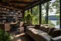 Contemporary modern living room with large open window overlooks large garden