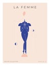 Contemporary modern print. Woman silhouette, nude female body in abstract pose, mid century composition with geometric