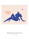 Contemporary modern print. Woman silhouette, nude female body in abstract pose, mid century composition with geometric