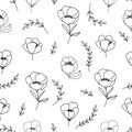 Contemporary nature seamless pattern. Linear various flowers and leaves.