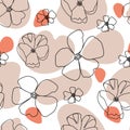 Contemporary nature seamless pattern. One line various flowers and abstract shapes.