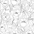 Contemporary nature seamless pattern. One line various flowers and leaves.