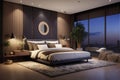 Modern bedroom interior at night time with design furnishing