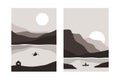 Contemporary nordic landscape posters. Abstract nature backgrounds minimalist scandinavian style. Vector mountains art