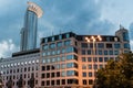 Contemporary office buildings by night, Financial district of Frankfurt, Germany Royalty Free Stock Photo