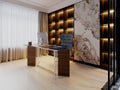 Contemporary office with elegant work desk and chair with illuminated shelves and inset wall with marble