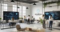 Modern tech office space with large interactive displays and collaborative workstations Royalty Free Stock Photo