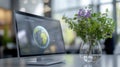 A contemporary office features a sleek computer showing a globe on its screen, next to a vase filled with fresh flowers