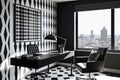 Modern Black & White Office: Sleek Design, City Skyline View, and Touch of Luxury