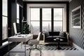 Modern Black & White Office: Sleek Design, City Skyline View, and Touch of Luxury