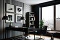 Modern Black & White Office: Sleek Design, City Skyline View, and Touch of Luxury