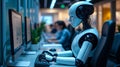 In a contemporary office, a humanoid robot sits at a desk Royalty Free Stock Photo