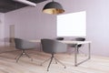 Contemporary office interior with mock up poster on concrete wall, lamp, wooden flooring, desk, chairs and reflections on glass.