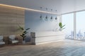 Contemporary office lobby with reception desk and concrete walls, window with city view and daylight. 3D Rendering Royalty Free Stock Photo