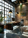 Contemporary Office Space With Sunlight Streaming Through Large Windows in an Urban Loft Royalty Free Stock Photo