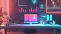 Contemporary office workspace with digital charts and graphs on computer screen. Modern design neon lights and business Royalty Free Stock Photo