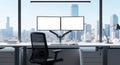 Modern Office Desk with City View and Dual Monitors Royalty Free Stock Photo