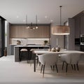 A contemporary open-plan kitchen and dining area with minimalist design2
