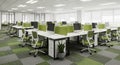 Contemporary Open Plan Office Space with Rows of Desks and Green Partitions workspace computers Royalty Free Stock Photo