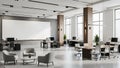 Contemporary open-plan office with workstations, seating areas, and a large whiteboard interior Royalty Free Stock Photo