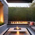 A contemporary outdoor lounge with a fire pit, built-in seating, and string lights overhead1